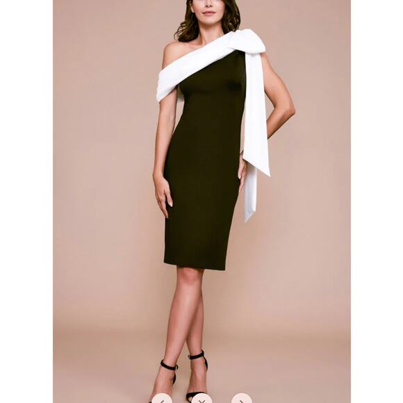 Tadashi Shoji Rigel Neoprene White Bow Dress M Draping Off The Shoulder Sleeve - Picture 1 of 7